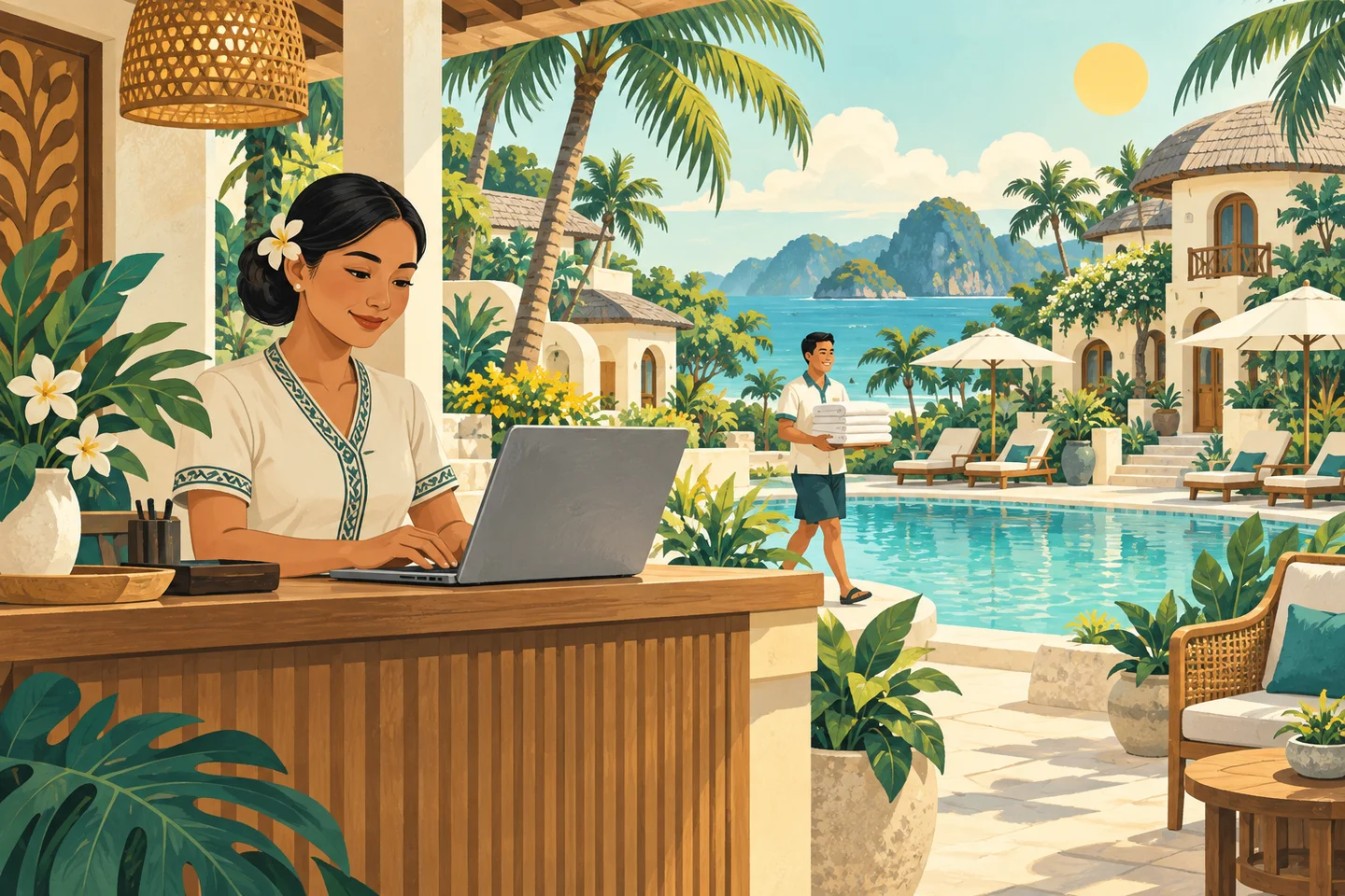 A Filipino resort manager at reception, with a teammate, tropical villas and a sunlit pool behind her